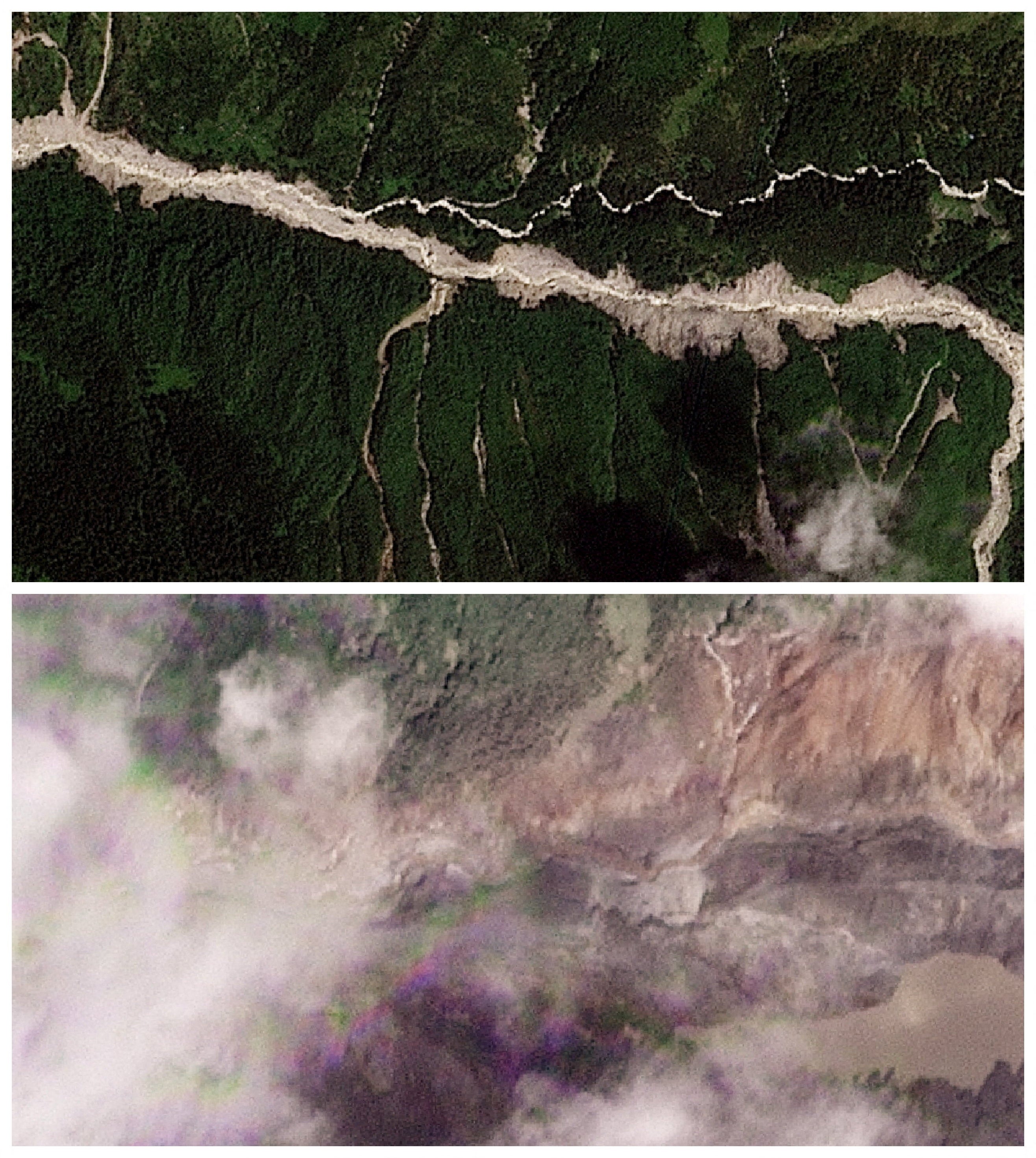 Una combinación de imágenes de satélite muestra una zona situada en la frontera entre Nepal y la Región Autónoma del Tíbet (China), antes y después de que se formara un lago de represa a raíz de unas crecidas repentinas y un deslizamiento de tierra