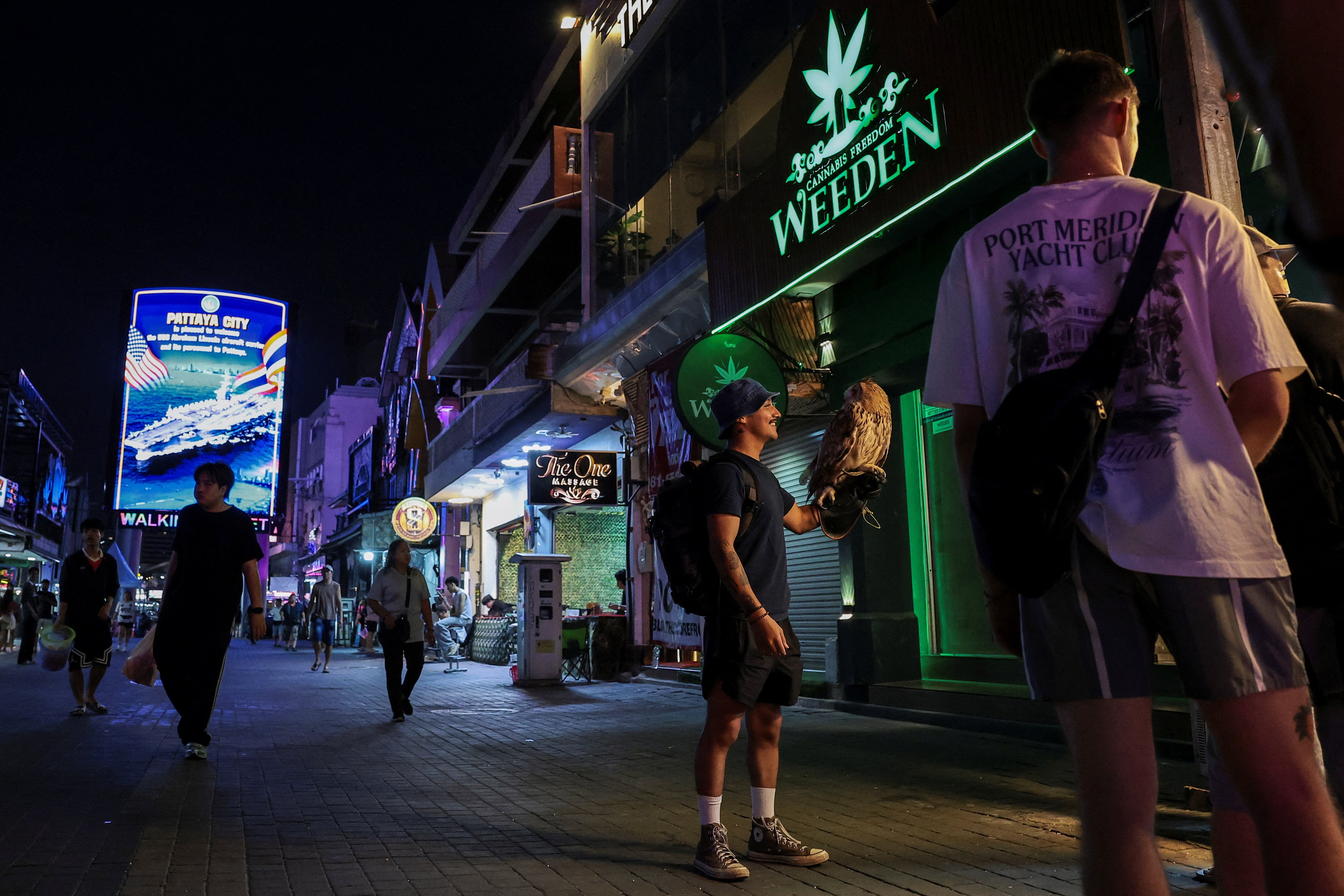 Un militar estadounidense del USS ‘Abraham Lincoln’ posa para una foto con un búho que lleva una pantalla LED en la que se les da la bienvenida en Walking Street, en Pattaya