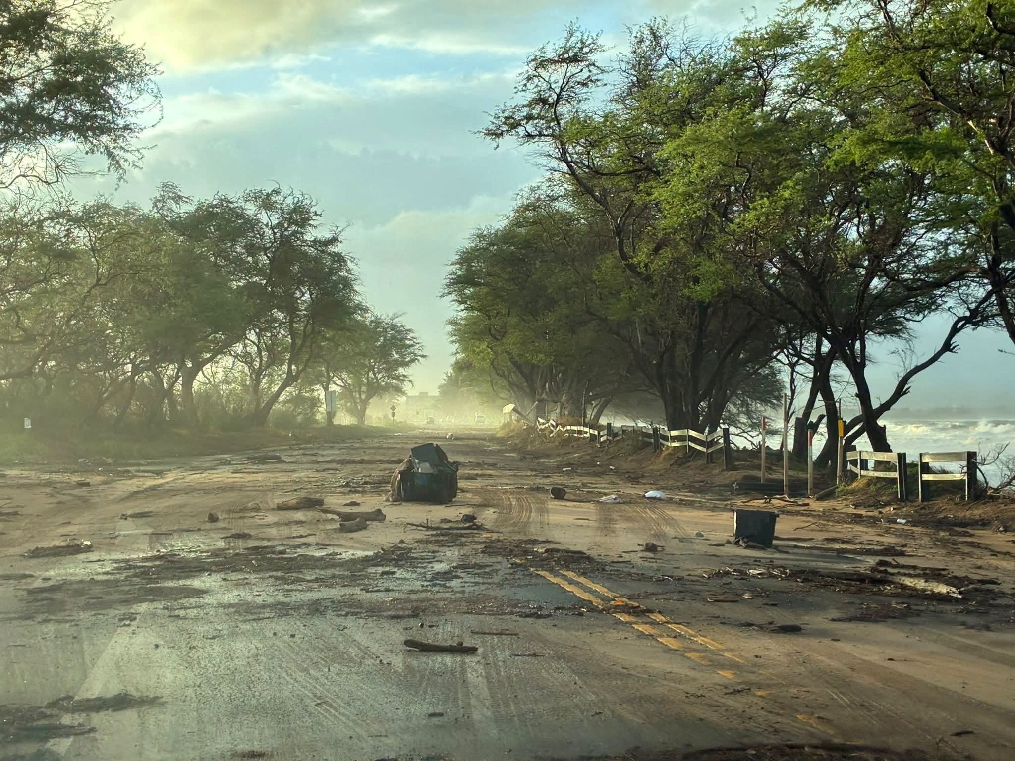 Escombros esparcidos en una carretera tras el paso del huracán Lowell, en Maui, Hawái