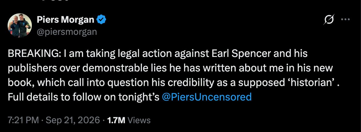 Piers Morgan cuestionó la credibilidad de Earl Spencer tras la publicación de sus nuevas memorias