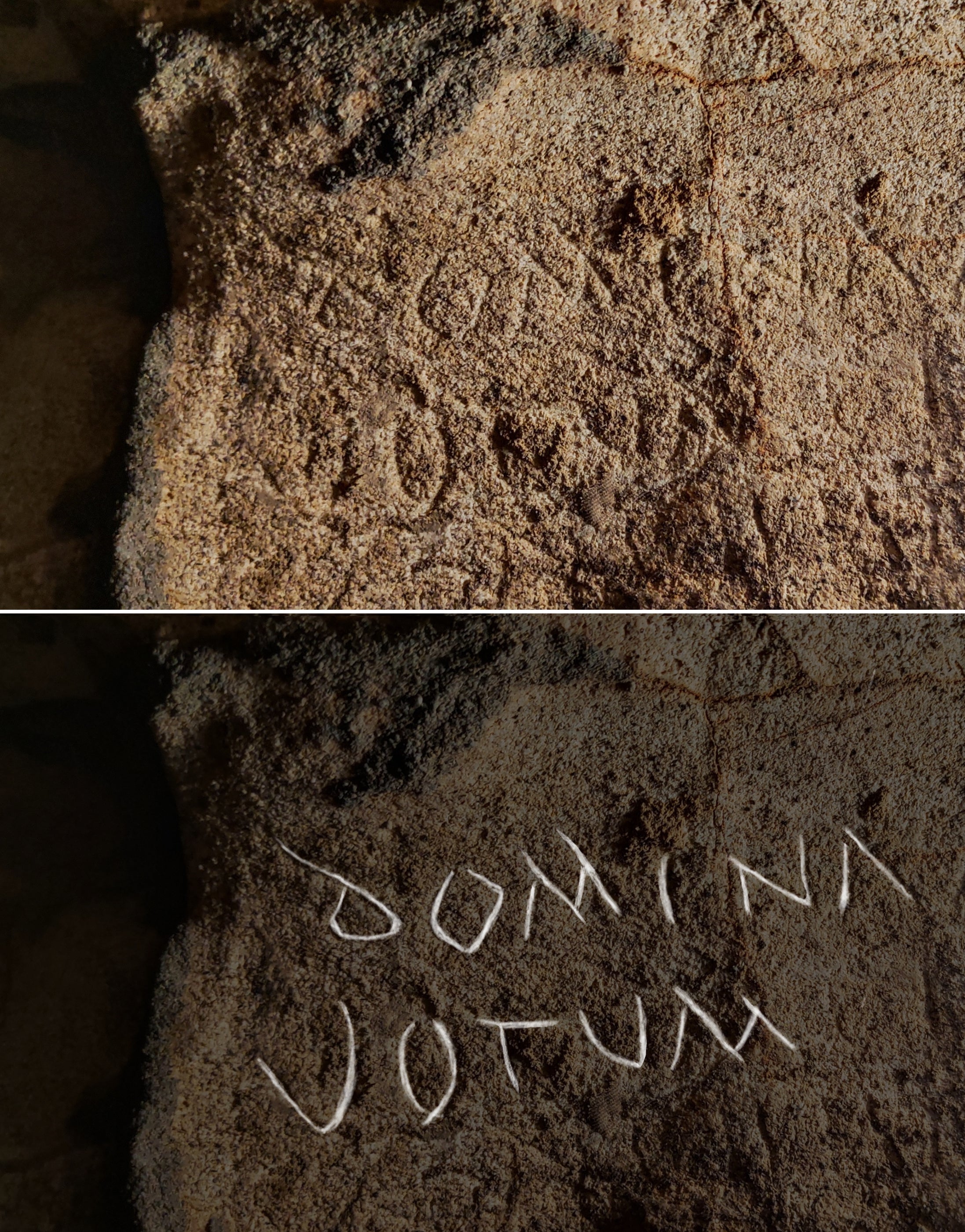 Una inscripción dedicada a una diosa, grabada hace unos 2.000 años en una de las paredes de la cueva española. El texto dice “domina votum”, que significa “hago una promesa o una ofrenda sagrada a la diosa”. Es probable que su autor buscara obtener el favor de la deidad, quizás para mejorar su salud o fertilidad