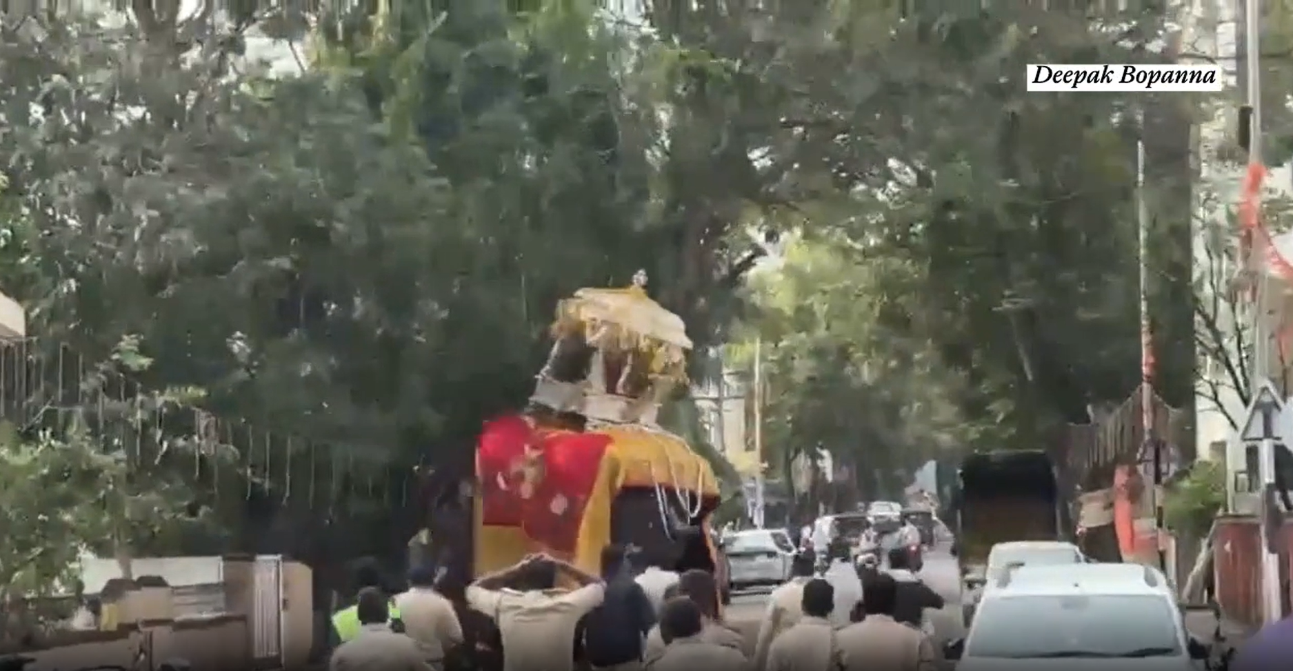 <p>Somanna, un elefante en cautiverio que transportaba un santuario hindú de 650 kg durante una procesión religiosa, se descontroló en el sur de la India</p>