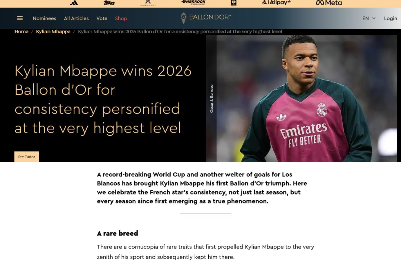 Kylian Mbappé también apareció en un artículo que lo presentaba como ganador del Balón de Oro