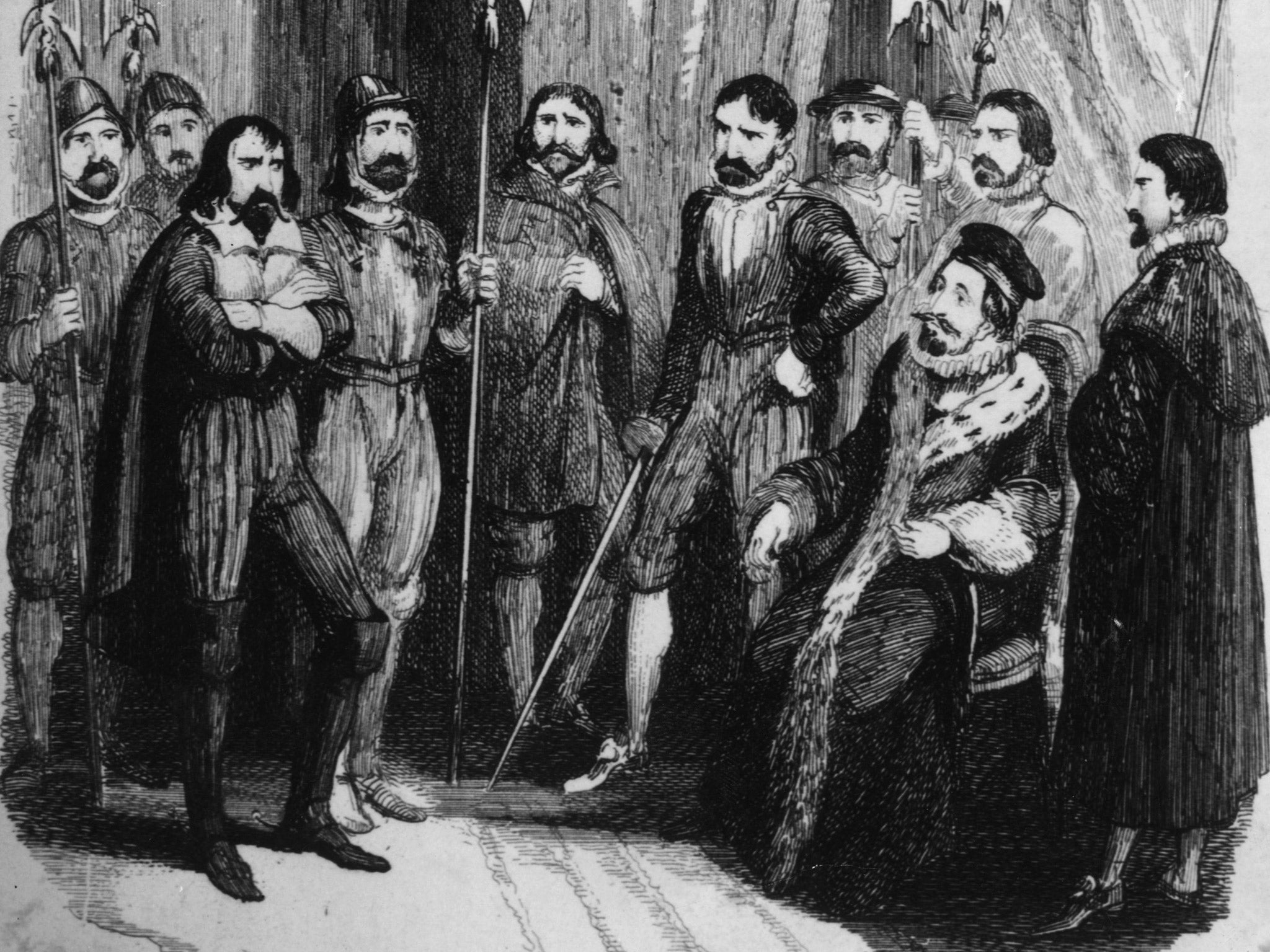 English conspirator Guy Fawkes is interrogated by King James I after his arrest for planning to blow up the House of Lords
