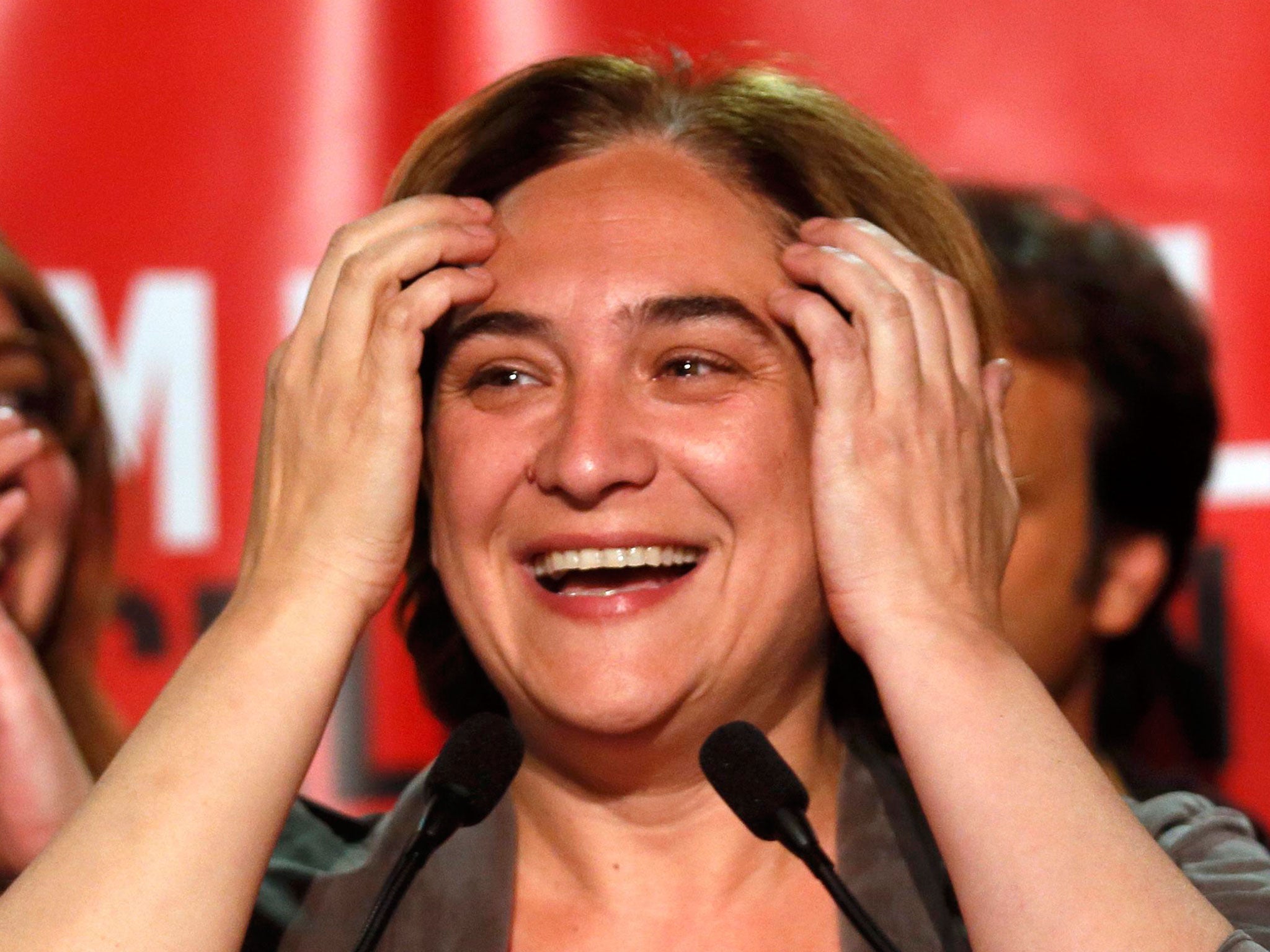 <p>Ada Colau celebrates her victory in Barcelona</p>