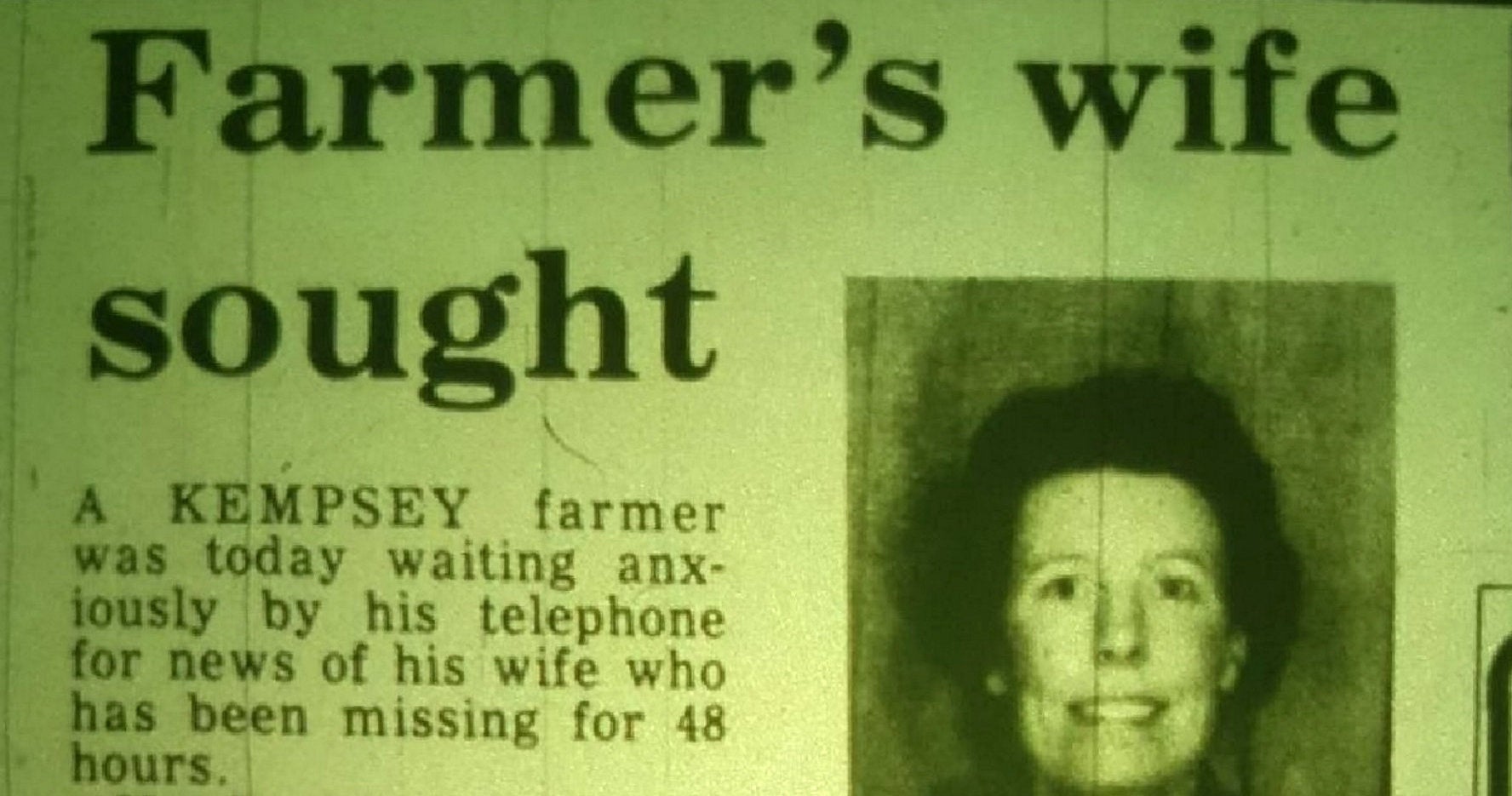 Recorte de periódico del Worcester News informando de la desaparición de Brenda Venables en 1982