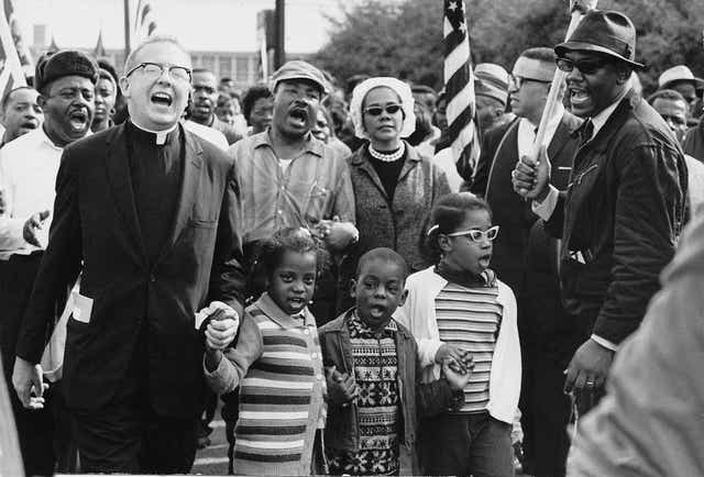 <p>&#13;
Civil rights movement co-founder Ralph David Abernathy with Martin Luther King and his wife, leading the Selma to Montgomery march in 1965 (Abernathy Family via National Park Service)&#13;</p>